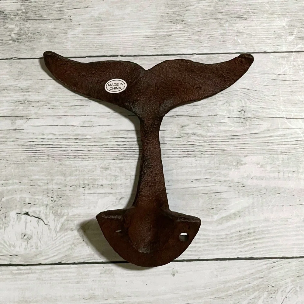 Cast Iron Whale Tail Wall Hook Rustic Brown Nautical Fluke Coat Towel Hanger 5in